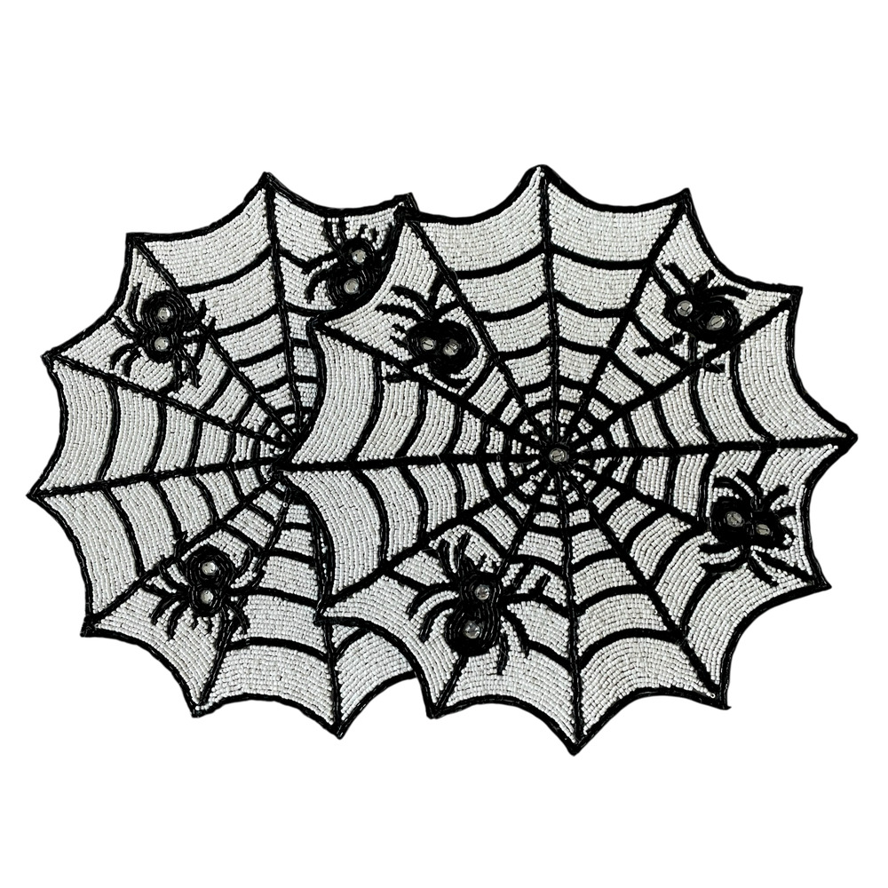 2pc Rachel Zoe Halloween Spider Web Beaded Placemat Charger 15in Black & White